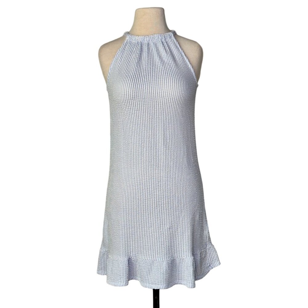 Green Envelope Blue Seersucker Ruffle Hem Tie Halter Neck Shift Dress Size S